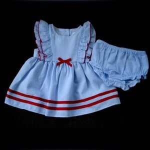 Starting Out Blue White Seersucker Stripe Dress Red Trim Size 12 month